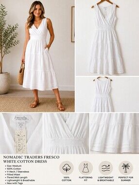 Nomadic Traders Fresco White V-neck Cotton Dress